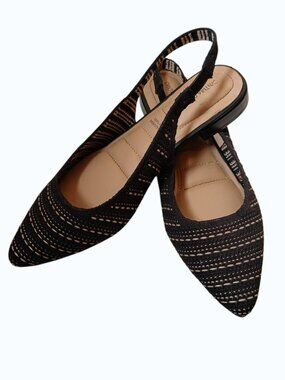 CYNTHIA ROWLEY Amelia Black & Tan Tweed Flat Slingbacks -Like New